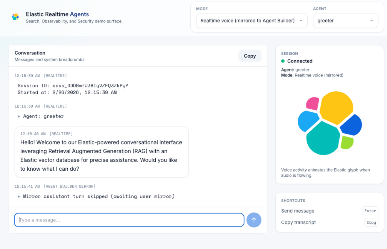 Elastic Realtime Agents demo interface with conversation timeline, active agent selection, and live session state.